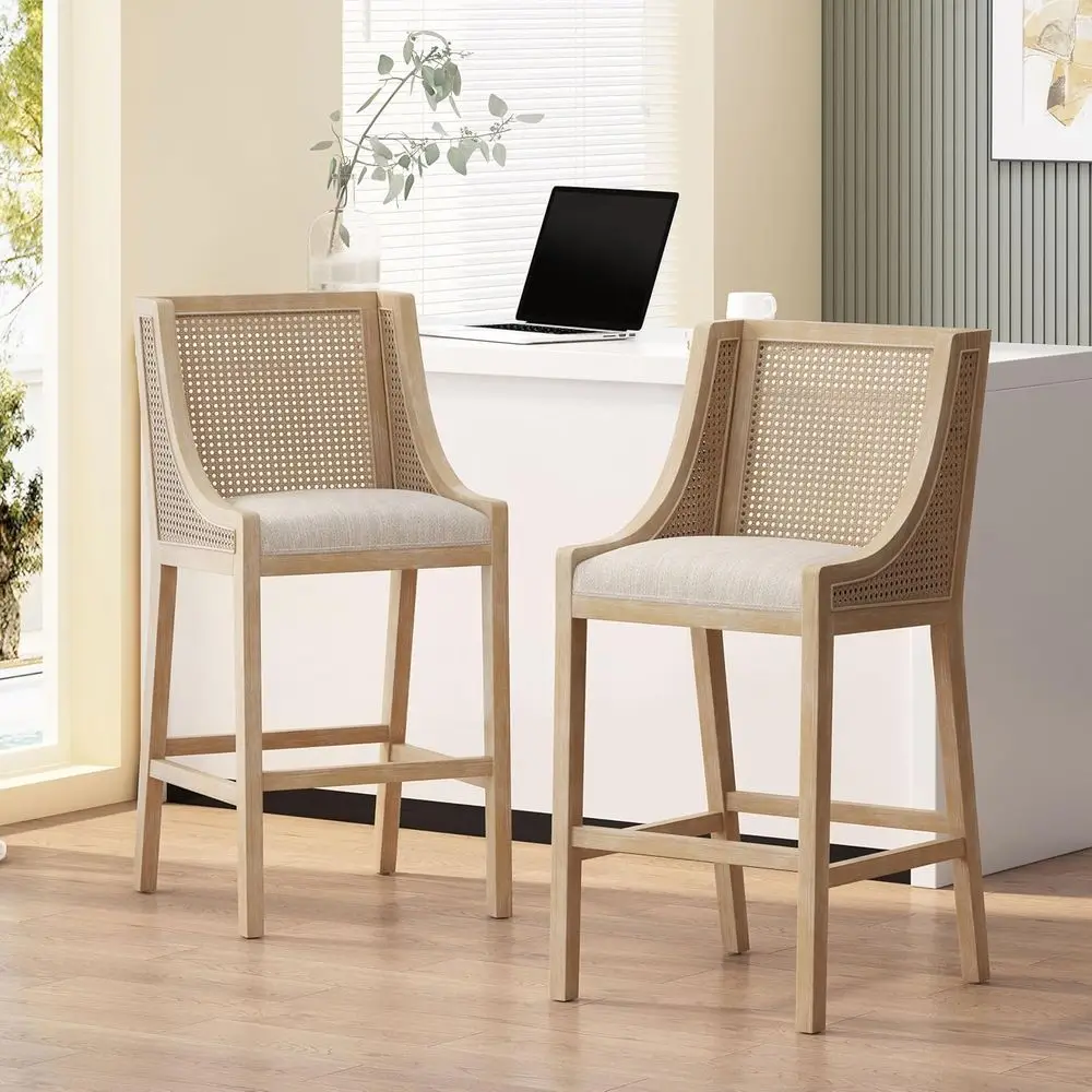 French-Inspired Upholstered Wood and Cane Barstools with Backrest, Set of 2
French-Inspired Upholstered Wood and Cane Barstools with Backrest, Set of 2
