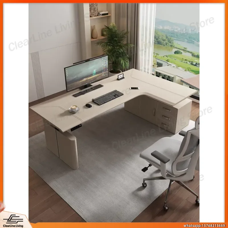 Electric L Shaped Gaming Desk with Height Adjustable Motorized Lift Mechanism Saddle Leather Desktop Metal Frame Dual Side
Electric L Shaped Gaming Desk with Height Adjustable Motorized Lift Mechanism Saddle Leather Desktop Metal Frame Dual Side