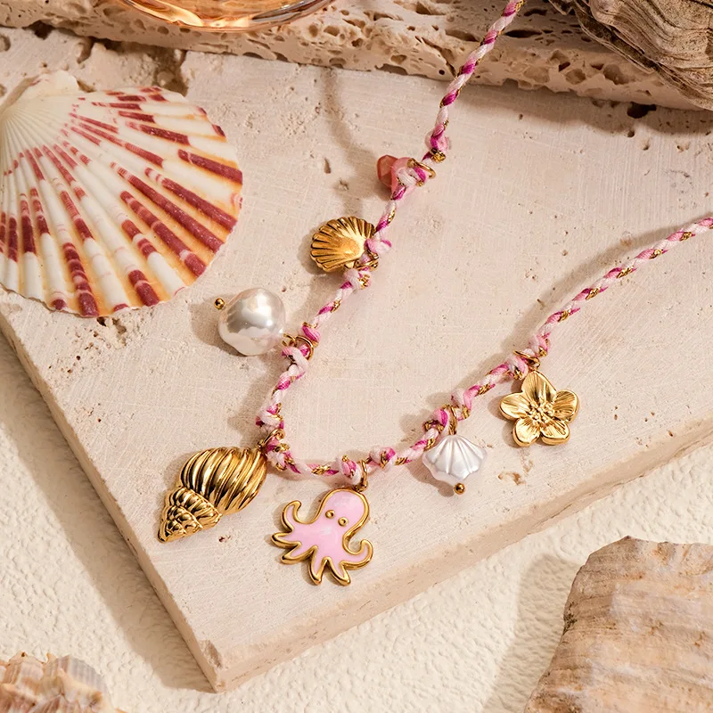 Bohemian pink octopus, shell conch flowers, handmade woven necklace, stainless steel pendant, suitable as party jewelry gift.
Bohemian pink octopus, shell conch flowers, handmade woven necklace, stainless steel pendant, suitable as party jewelry gift.