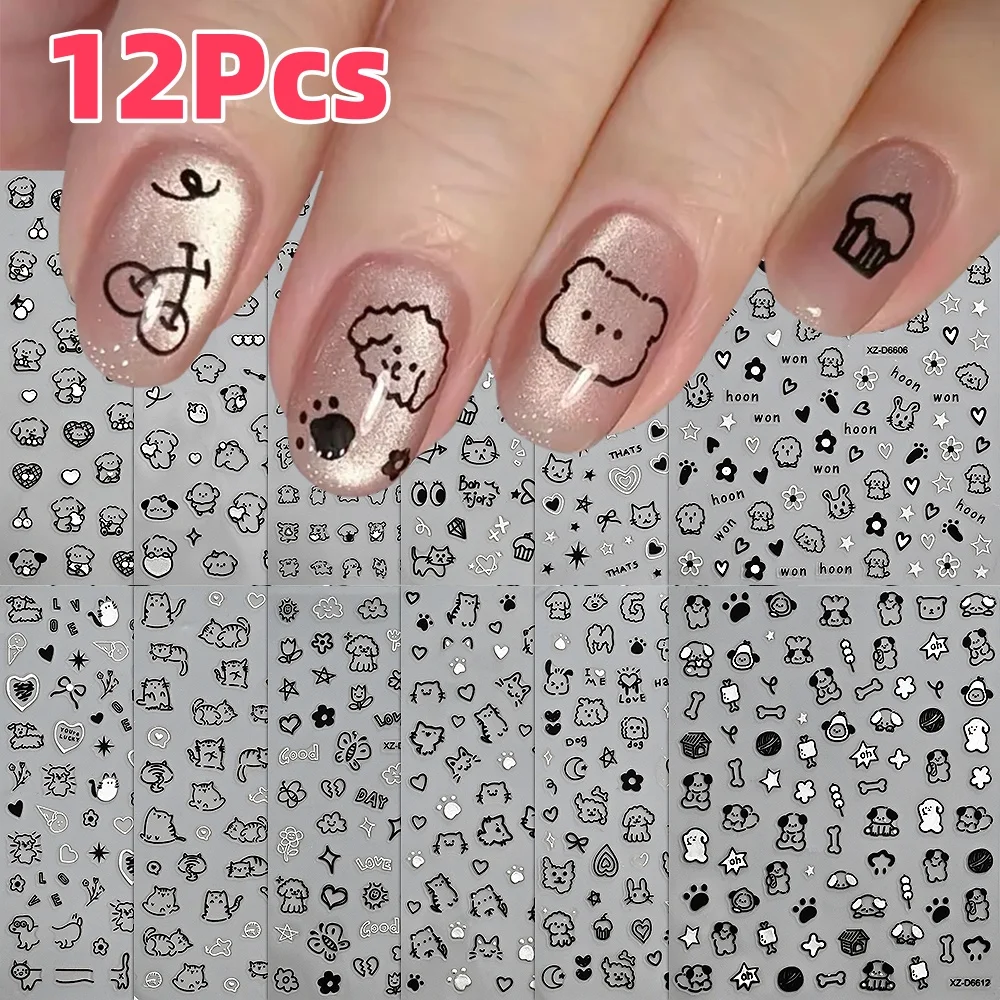 12Pcs/Set 3D Cartoon Black Cat/Dog Nail Stickers Cute Graffiti Rabbit/Flower/Bow/Heart Adhesive Decals Y2K Manicure Decorations
12Pcs/Set 3D Cartoon Black Cat/Dog Nail Stickers Cute Graffiti Rabbit/Flower/Bow/Heart Adhesive Decals Y2K Manicure Decorations