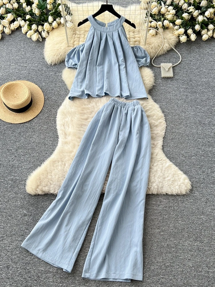 Lazy style casual solid color two-piece set women's summer new hanging neck off shoulder vest high waist wide leg pants
Lazy style casual solid color two-piece set women's summer new hanging neck off shoulder vest high waist wide leg pants