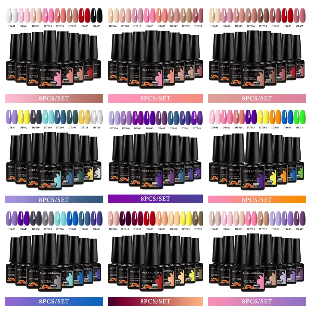 MEET ACROSS 8Pcs/Set Colorful Gel Nail Polish Nail Supplies Soak off UV LED Gel Nail Art Varnish Manicure For All Seasons
MEET ACROSS 8Pcs/Set Colorful Gel Nail Polish Nail Supplies Soak off UV LED Gel Nail Art Varnish Manicure For All Seasons