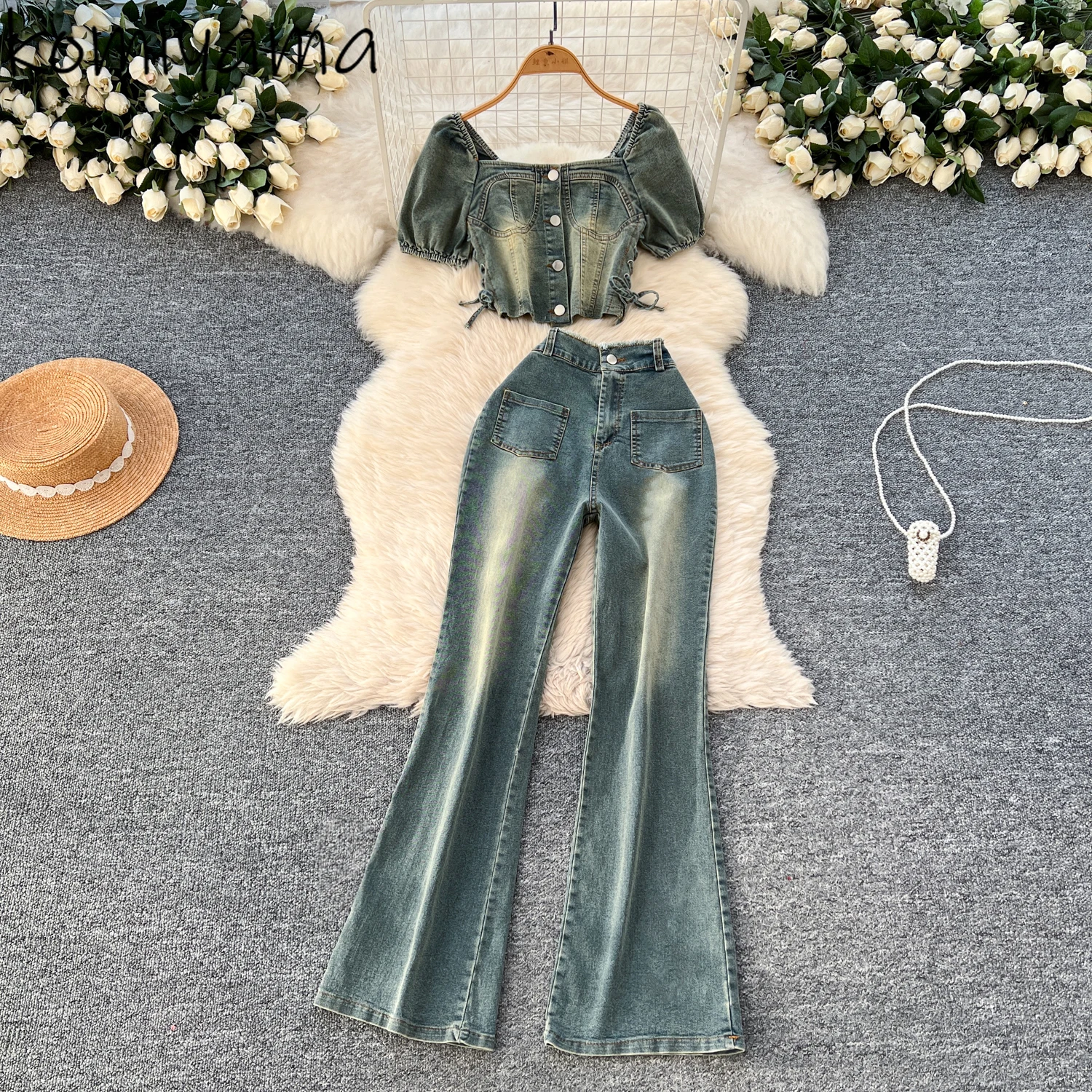 Summer New 2 Piece Sets Woman Hollow Out Lumbar Square Collar Bandage Tops High Waist Straight Wide Leg Pants 2025 Denim Suit
Summer New 2 Piece Sets Woman Hollow Out Lumbar Square Collar Bandage Tops High Waist Straight Wide Leg Pants 2025 Denim Suit