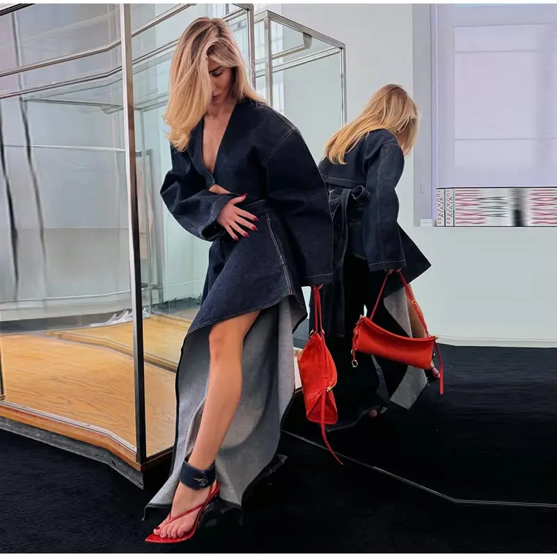 Fashion Denim Two-Piece Outfit Women's V-neck Lace Up Button Cropped Jacket Slit Wide Leg Pants 2026 New Lady Casual Streetwear 21 Sf8d5153d7679444c85881f8b67e5315e6