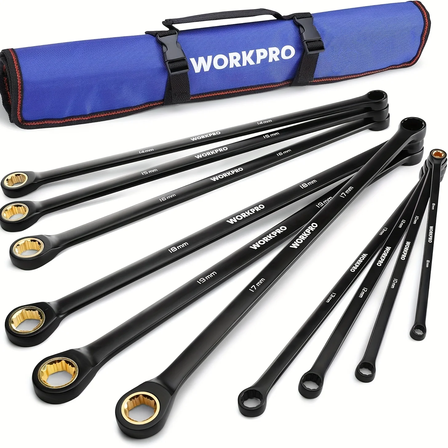WORKPRO Extra Long Ratcheting Wrench Set, 10pcs Anti-Slip Double Box Wrenches Set, Metric 8-19mm, 72-Teeth, Cr-V Steel And Black Electrophoretic Coating Wrenches with Rolling Pouch
WORKPRO Extra Long Ratcheting Wrench Set, 10pcs Anti-Slip Double Box Wrenches Set, Metric 8-19mm, 72-Teeth, Cr-V Steel And Black Electrophoretic Coating Wrenches with Rolling Pouch