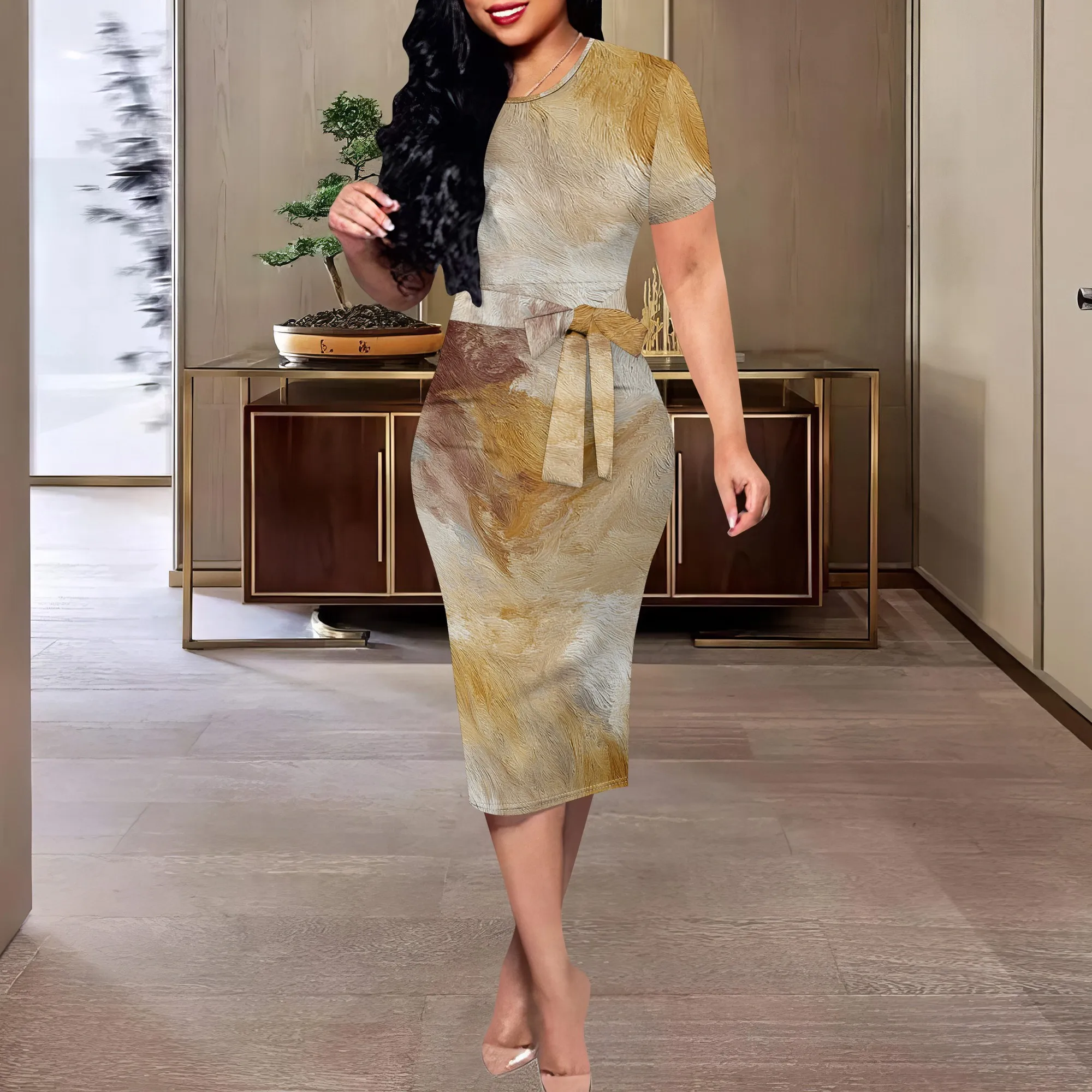 Earth Tone Art Print Midi Dress XS-3XL Short Sleeve Belted Style for Church, Gallery Visit or Elegant Fall Look
Earth Tone Art Print Midi Dress XS-3XL Short Sleeve Belted Style for Church, Gallery Visit or Elegant Fall Look