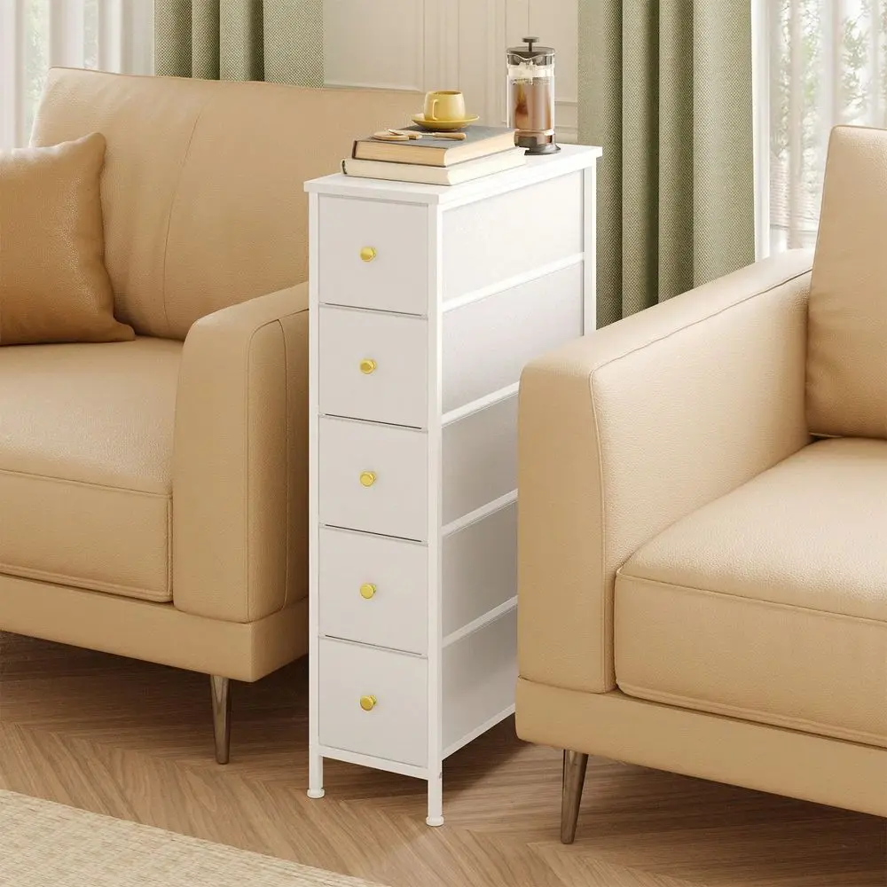 5 Drawer Narrow Dresser Storage Tower For Bedroom, Slim Dresser Chest Of Drawers With Steel Frame, Wood Top, Golden Knobs, Whit
5 Drawer Narrow Dresser Storage Tower For Bedroom, Slim Dresser Chest Of Drawers With Steel Frame, Wood Top, Golden Knobs, Whit