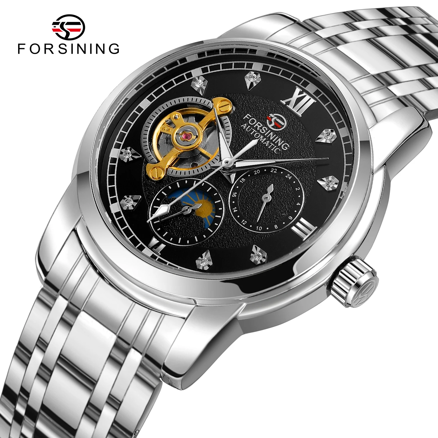 FORSINING New Stylish Men's Watches Automatic Mechanical Diamond Hollow Moon Phase Luminous Pointers Waterproof Business Watch
FORSINING New Stylish Men's Watches Automatic Mechanical Diamond Hollow Moon Phase Luminous Pointers Waterproof Business Watch