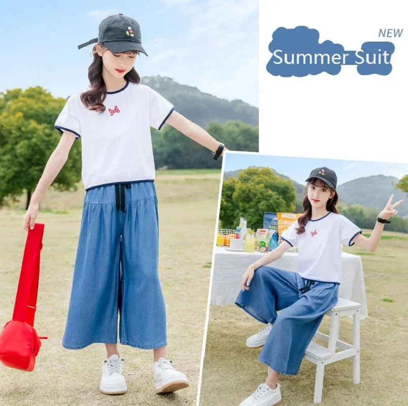 Summer Girls Cotton Contrast White T-shirt Tops+Blue Loose Drawstring Pants Set School Kids Tracksuit Child Outfit Suit 3-16Yrs
Summer Girls Cotton Contrast White T-shirt Tops+Blue Loose Drawstring Pants Set School Kids Tracksuit Child Outfit Suit 3-16Yrs