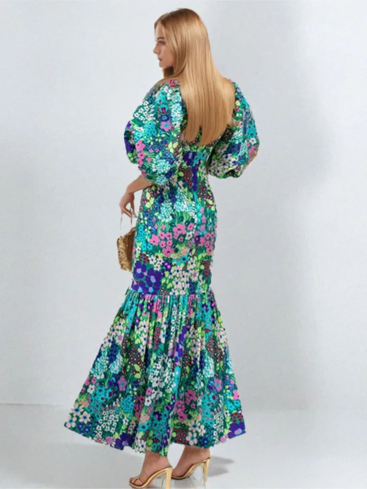 Women Elegant Flower Print Lantern Sleeve And Ankle Fishtail Dresses 2025 Summer Slim Bodycon O-neck Pastoral Style Party Dress
Women Elegant Flower Print Lantern Sleeve And Ankle Fishtail Dresses 2025 Summer Slim Bodycon O-neck Pastoral Style Party Dress