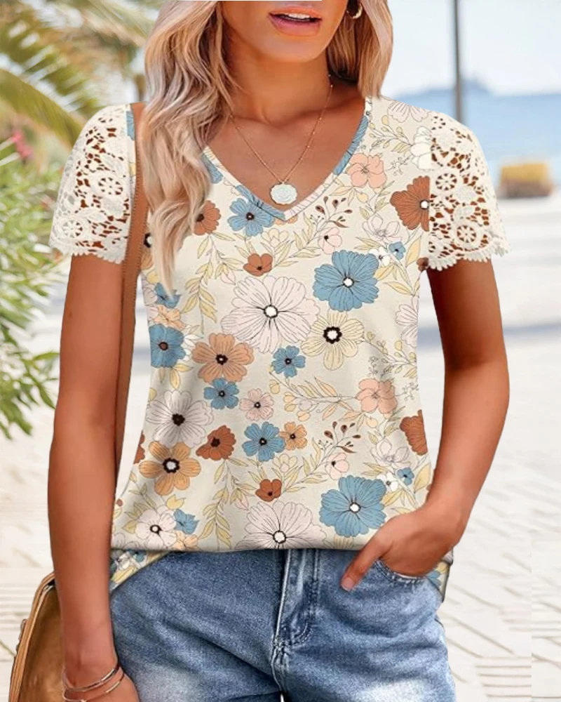Women's Top Floral Print Contrast Lace Short Sleeve T Shirt Casual Knit V Neck Blouse Top Simple Commuting Casual Top
Women's Top Floral Print Contrast Lace Short Sleeve T Shirt Casual Knit V Neck Blouse Top Simple Commuting Casual Top