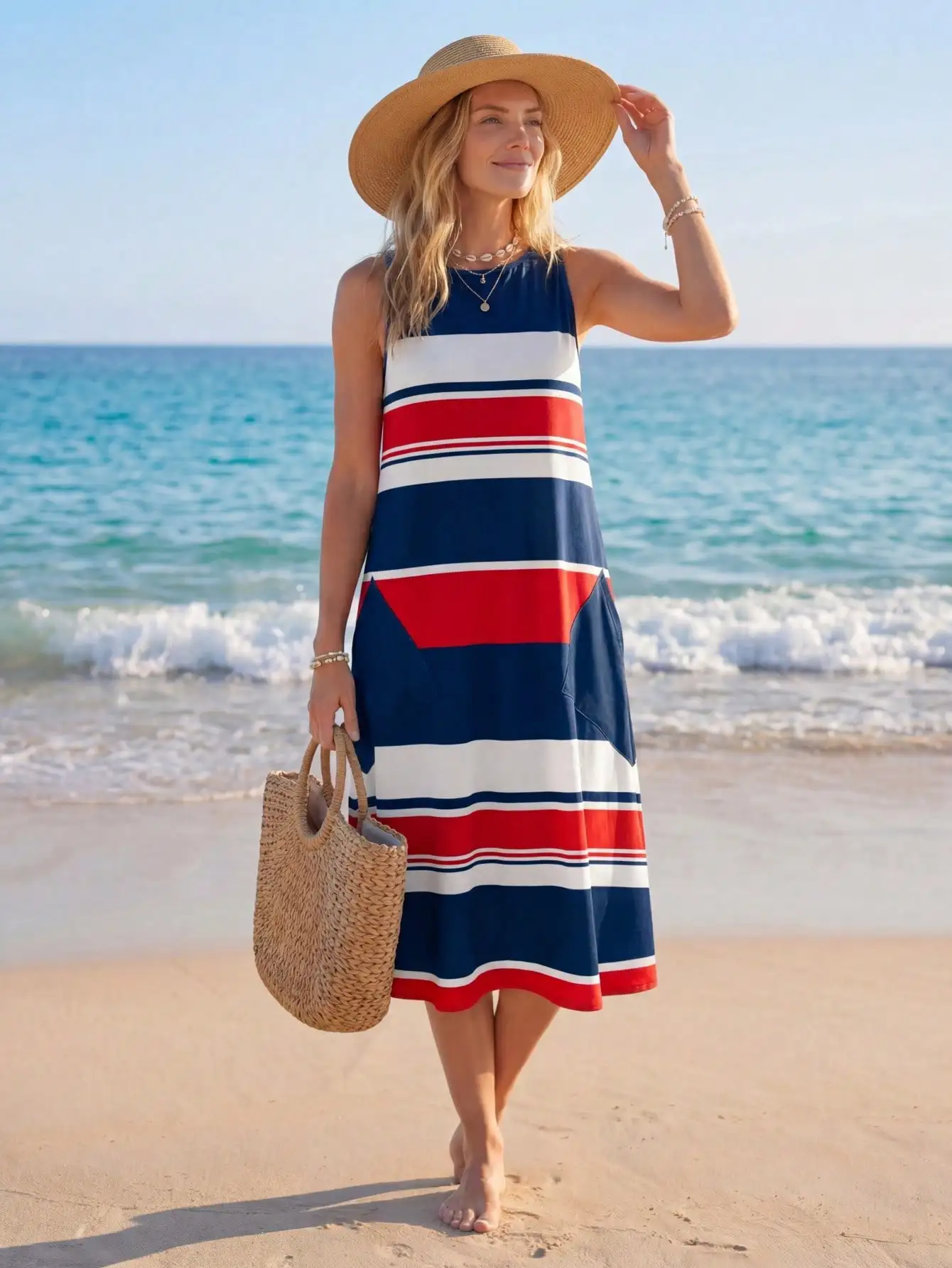 Женское платье миди без рукавов в полоску с цветовыми блоками для пляжа и повседневной летней носки
Женское платье миди без рукавов в полоску с цветовыми блоками для пляжа и повседневной летней носки