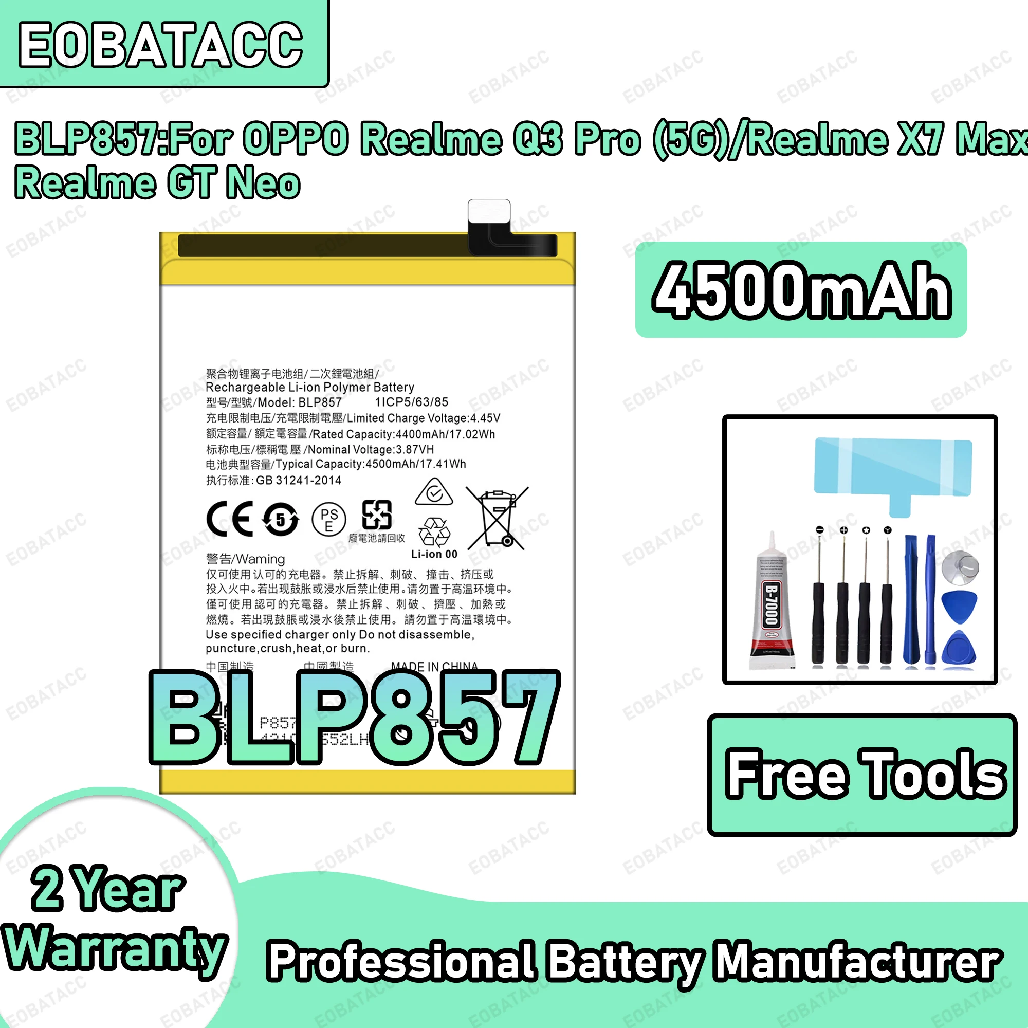 4500mAh 100% New BLP857 Battery For OPPO Realme Q3 Pro 5G/Realme X7 Max/Realme GT Neo Replacement Bateria+Free Tools
4500mAh 100% New BLP857 Battery For OPPO Realme Q3 Pro 5G/Realme X7 Max/Realme GT Neo Replacement Bateria+Free Tools