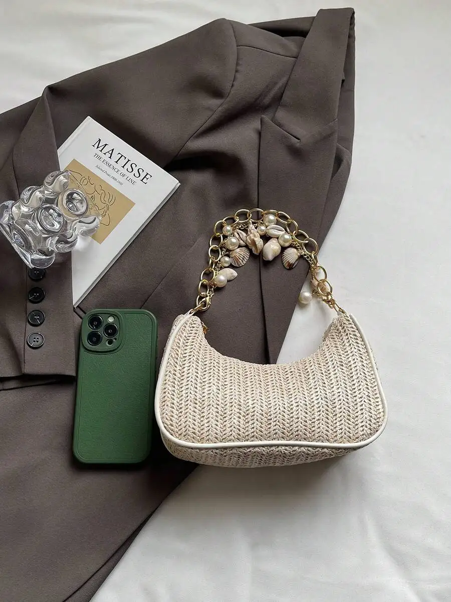 Straw Half Moon Handbag With Chain And Shell Pearl Decoration Women Casual Beach Bag
Straw Half Moon Handbag With Chain And Shell Pearl Decoration Women Casual Beach Bag