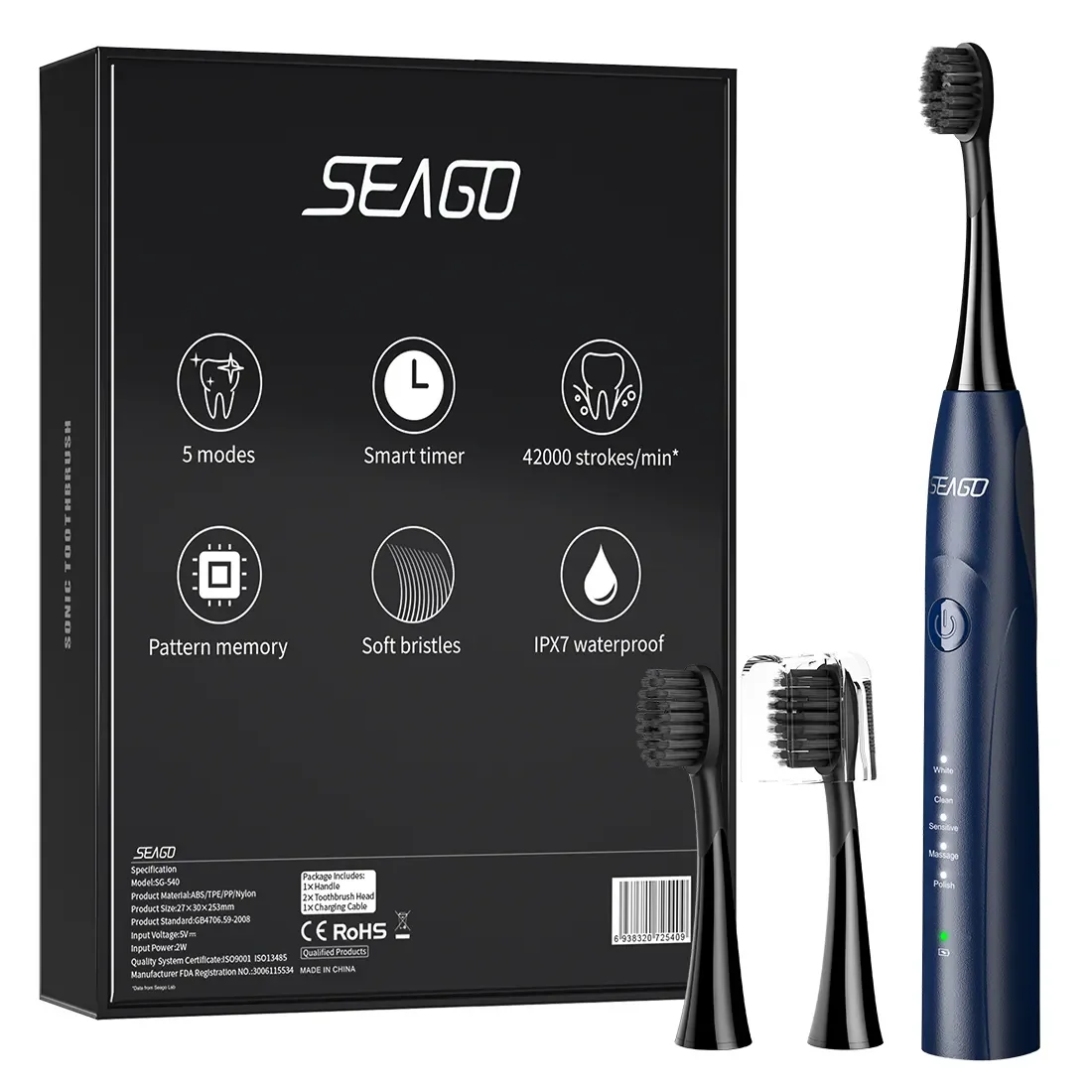 SG540 Перезаряжаемая звуковая электрическая зубная щетка Запатентованная 5 режимов IPX7 Водонепроницаемая 42000 ходов/минутная зарядка через USB 3 недели аккумулятора
SG540 Перезаряжаемая звуковая электрическая зубная щетка Запатентованная 5 режимов IPX7 Водонепроницаемая 42000 ходов/минутная зарядка через USB 3 недели аккумулятора