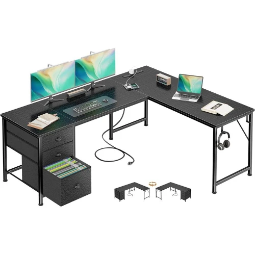 63" Reversible L Shaped Desk, Power Outlet & USB-C Port, Fabric Drawers, File Cabinet, Hooks for Gaming Office Work, Black
63" Reversible L Shaped Desk, Power Outlet & USB-C Port, Fabric Drawers, File Cabinet, Hooks for Gaming Office Work, Black