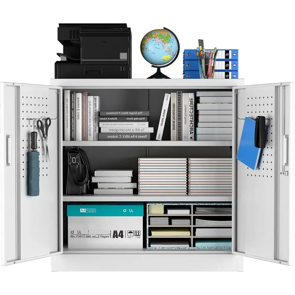 White Metal Storage Cabinet with Lock, Pegboard, and Adjustable Shelves for Home, Garage, and Office
White Metal Storage Cabinet with Lock, Pegboard, and Adjustable Shelves for Home, Garage, and Office