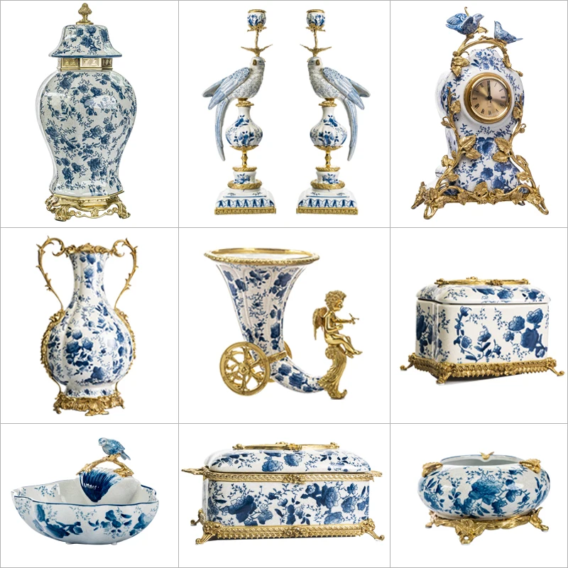 Desktop ornament blue and white porcelain European series retro with copper vase tissue box living room decoration candle holder
Desktop ornament blue and white porcelain European series retro with copper vase tissue box living room decoration candle holder
