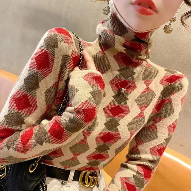 Women's Clothing Vintage Slim Soft Elastic Sweaters Autumn Winter Fashion Plaid Jacquard Turtleneck Knitted Pullovers
Women's Clothing Vintage Slim Soft Elastic Sweaters Autumn Winter Fashion Plaid Jacquard Turtleneck Knitted Pullovers