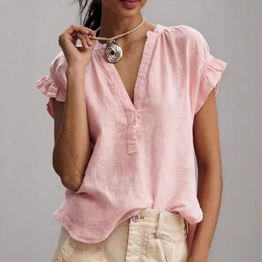 Trendy Ruffled Stitching V Neck Blouse, Flowy Short Sleeve Loose Pullover, Chic Pure Color Women Daily Top
Trendy Ruffled Stitching V Neck Blouse, Flowy Short Sleeve Loose Pullover, Chic Pure Color Women Daily Top