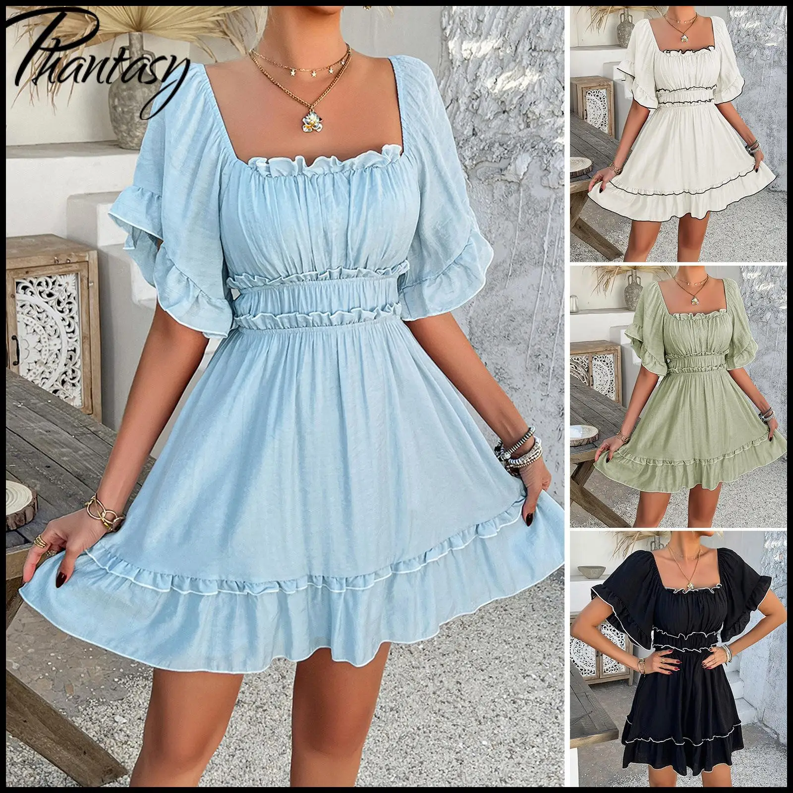 Casual Resort Women's Dress Solid-Color Ruffled Square neck Short-Sleeve Dress European and American Style Spring Summer Outfit
Casual Resort Women's Dress Solid-Color Ruffled Square neck Short-Sleeve Dress European and American Style Spring Summer Outfit