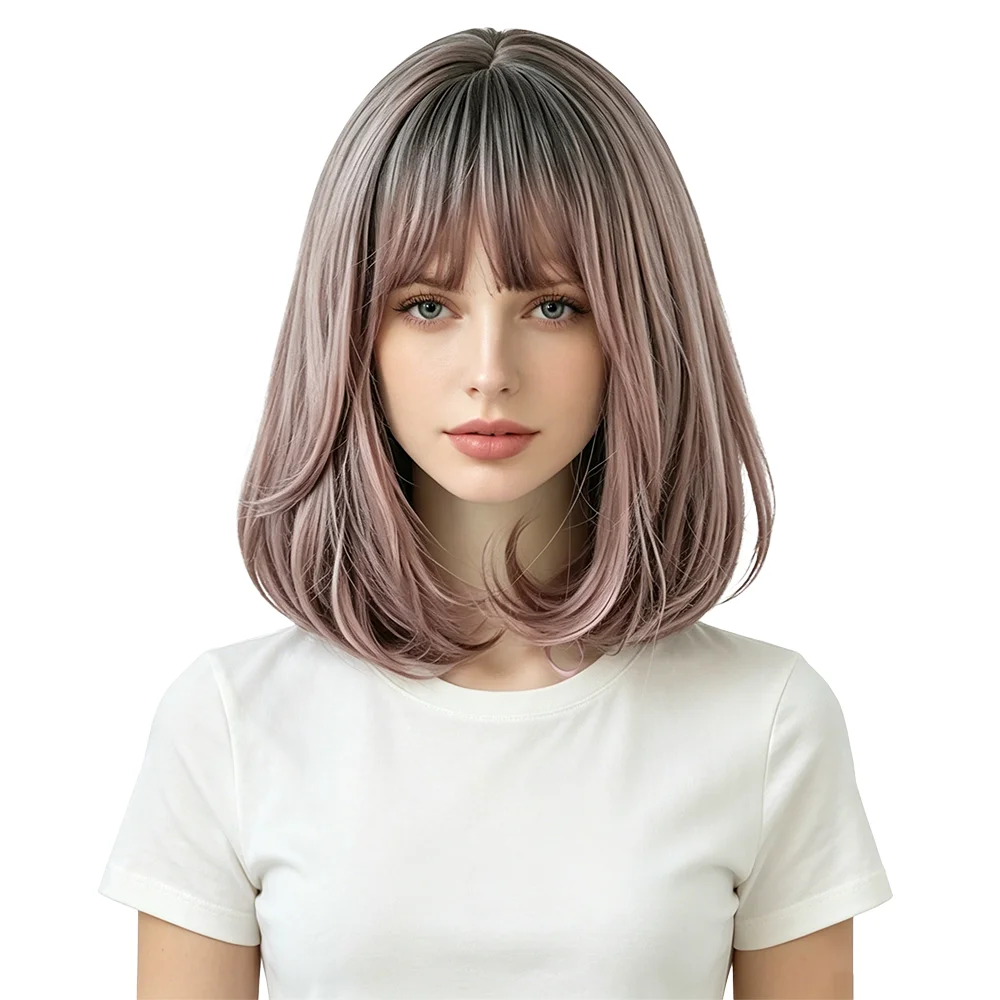 Natural Realistic Flax Pink Ombre Bob Wig Dark Brown Roots Bangs 14 Inch Heat Resistant Synthetic Wig For Women Daily Party Use
Natural Realistic Flax Pink Ombre Bob Wig Dark Brown Roots Bangs 14 Inch Heat Resistant Synthetic Wig For Women Daily Party Use