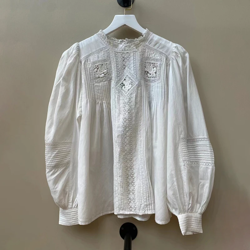 Ele Lace Insert Embellied Pure Color Lantern Sve Stand Collar irt Spring Summer Casual Comfortable Cotton Blouse
Ele Lace Insert Embellied Pure Color Lantern Sve Stand Collar irt Spring Summer Casual Comfortable Cotton Blouse