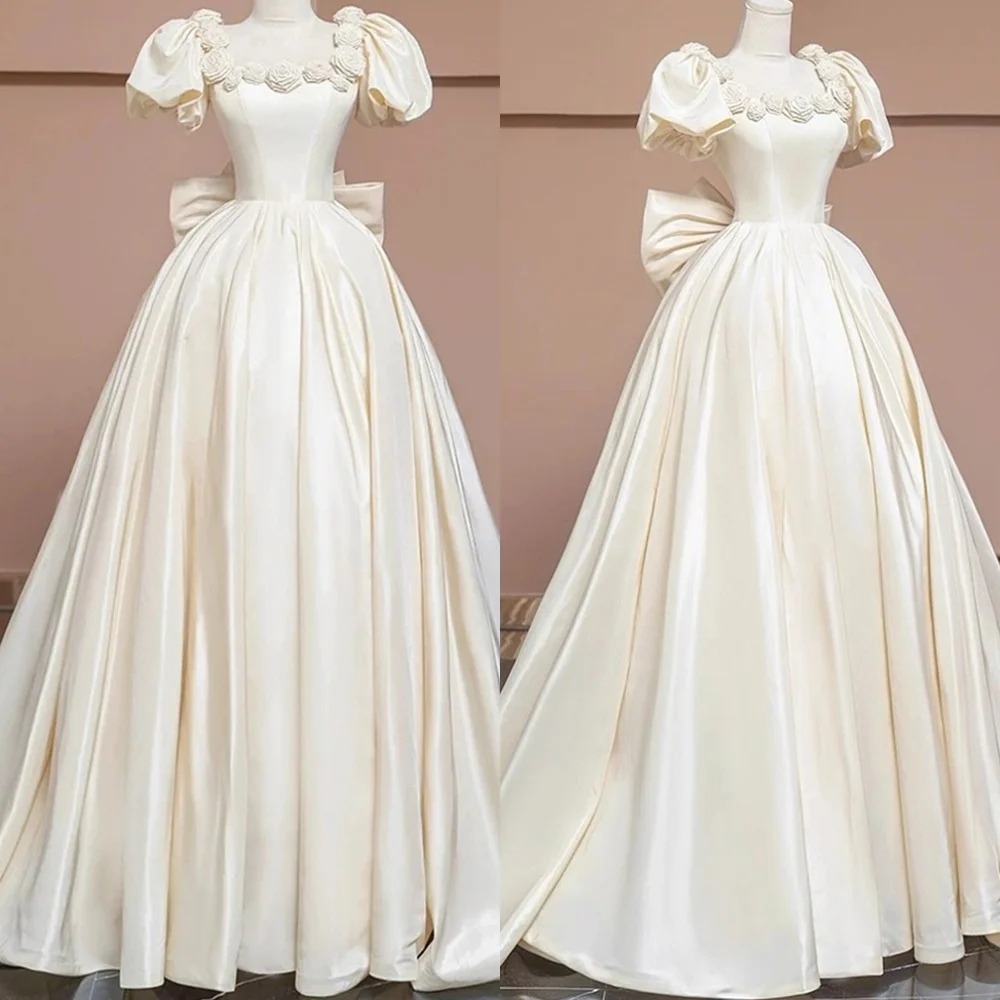 Customized Delicate Ivory Satin Evening Dress Classic Square Collar Off the Shoulder Short Sleeves Bow Flowers Homecoming Dress
Customized Delicate Ivory Satin Evening Dress Classic Square Collar Off the Shoulder Short Sleeves Bow Flowers Homecoming Dress