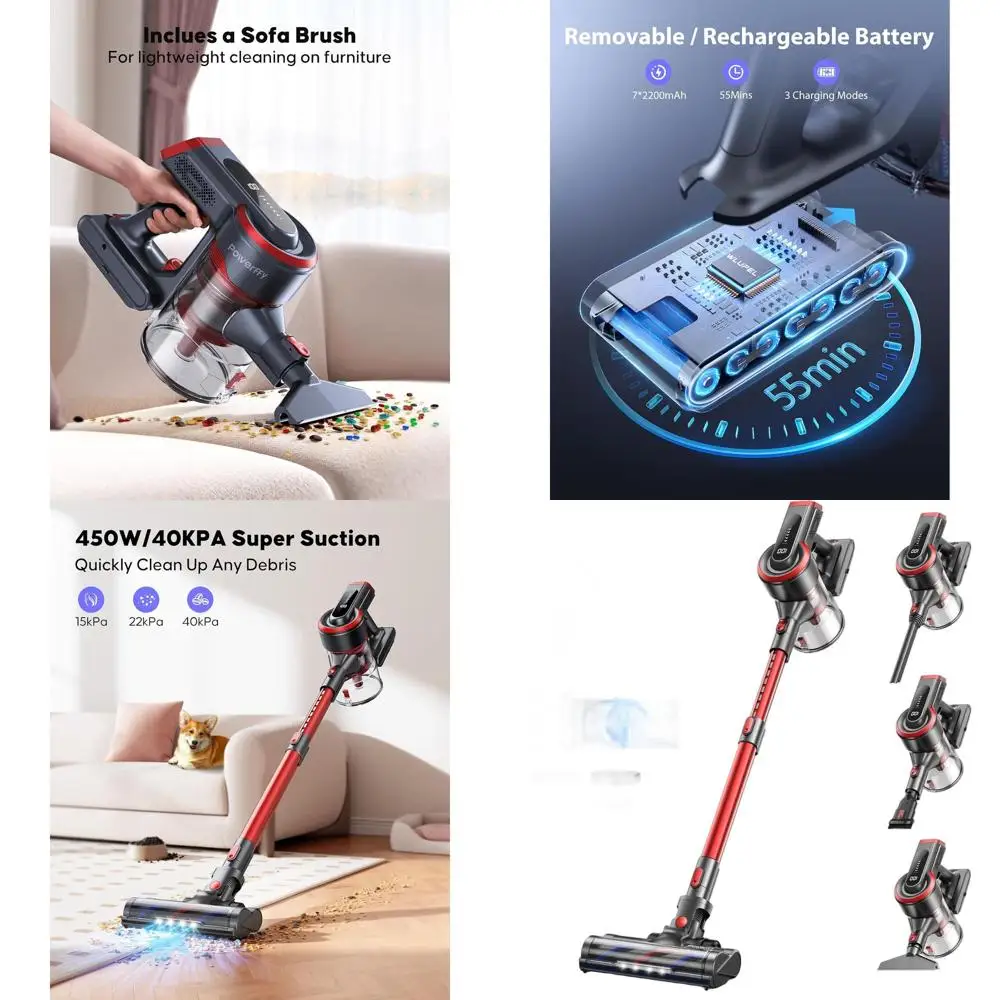 450W 40KPA Cordless Stick Vacuum Cleaner, 55 Mins Runtime, Charging Dock, LED Touch Display, Ideal for Home, Pet Hair, Carpets &
450W 40KPA Cordless Stick Vacuum Cleaner, 55 Mins Runtime, Charging Dock, LED Touch Display, Ideal for Home, Pet Hair, Carpets &