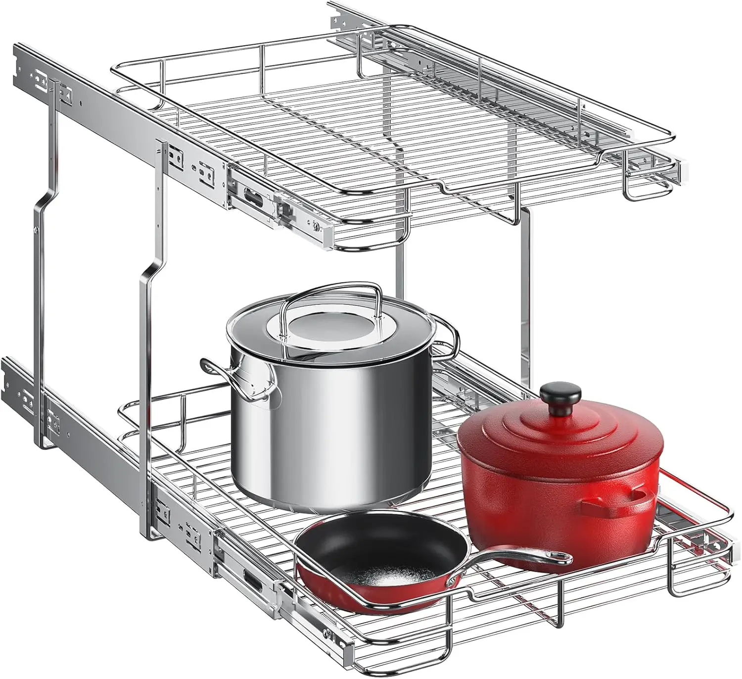 2-Tier Pull Out Cabinet Organizer 14"W x 21"D Heavy Duty Chrome Slide Out Drawer for Kitchen Pantry Pots Pans Cans Spices
2-Tier Pull Out Cabinet Organizer 14"W x 21"D Heavy Duty Chrome Slide Out Drawer for Kitchen Pantry Pots Pans Cans Spices