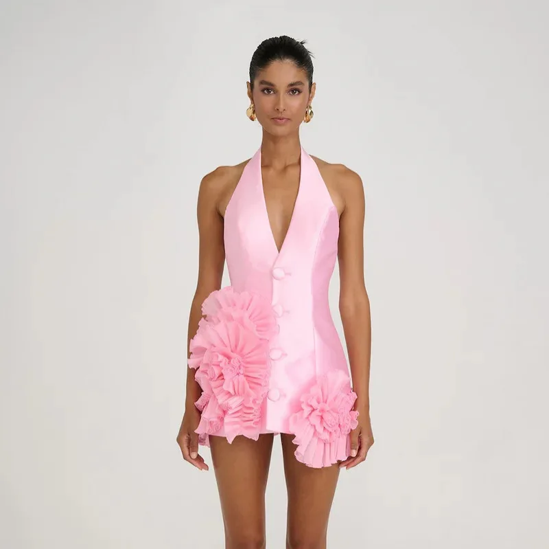 Pink Sexy Deep V-neck Halter Party Mini Dress 2025 Summer New Ruffled Flower Single-row Buckle Evening Dresses Party Prom Gown
Pink Sexy Deep V-neck Halter Party Mini Dress 2025 Summer New Ruffled Flower Single-row Buckle Evening Dresses Party Prom Gown