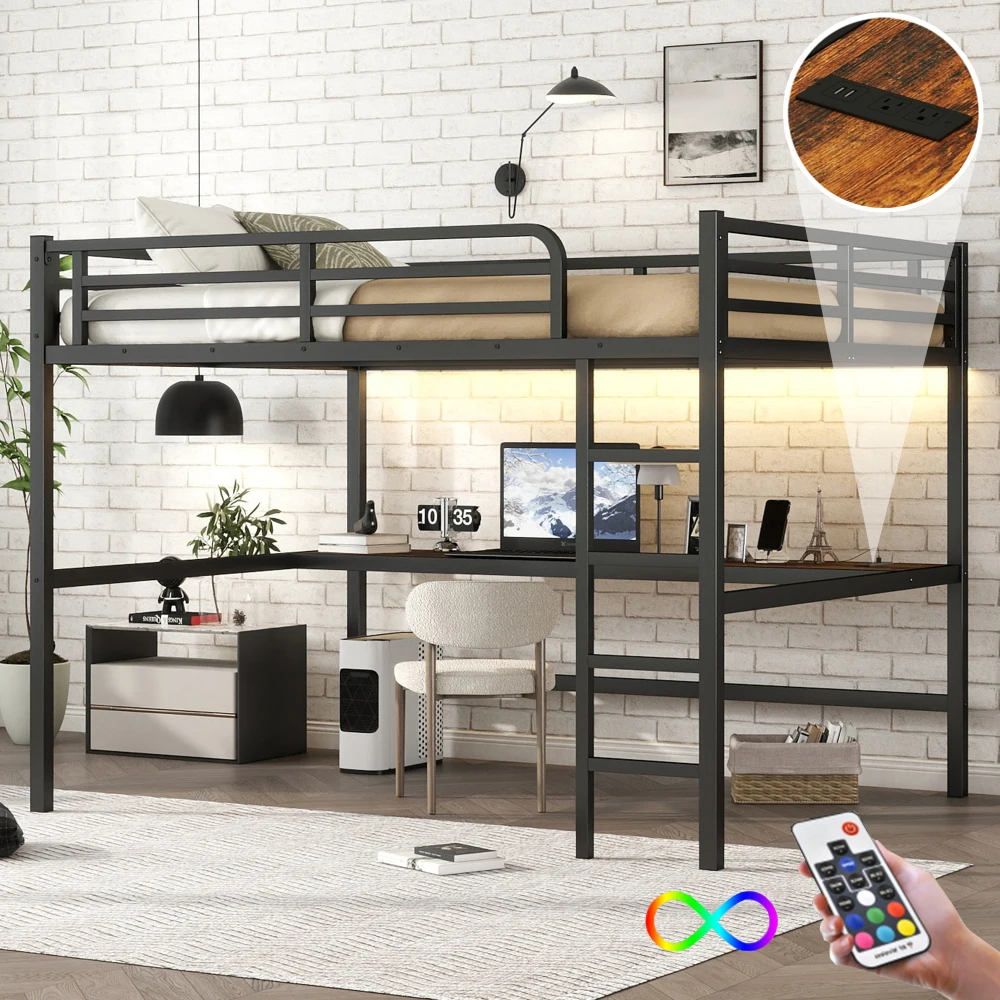 Metal Queen Size Loft Bed with Power Outlet and LED Lighted, Space-Saving, Noise Reduced, Black
Metal Queen Size Loft Bed with Power Outlet and LED Lighted, Space-Saving, Noise Reduced, Black