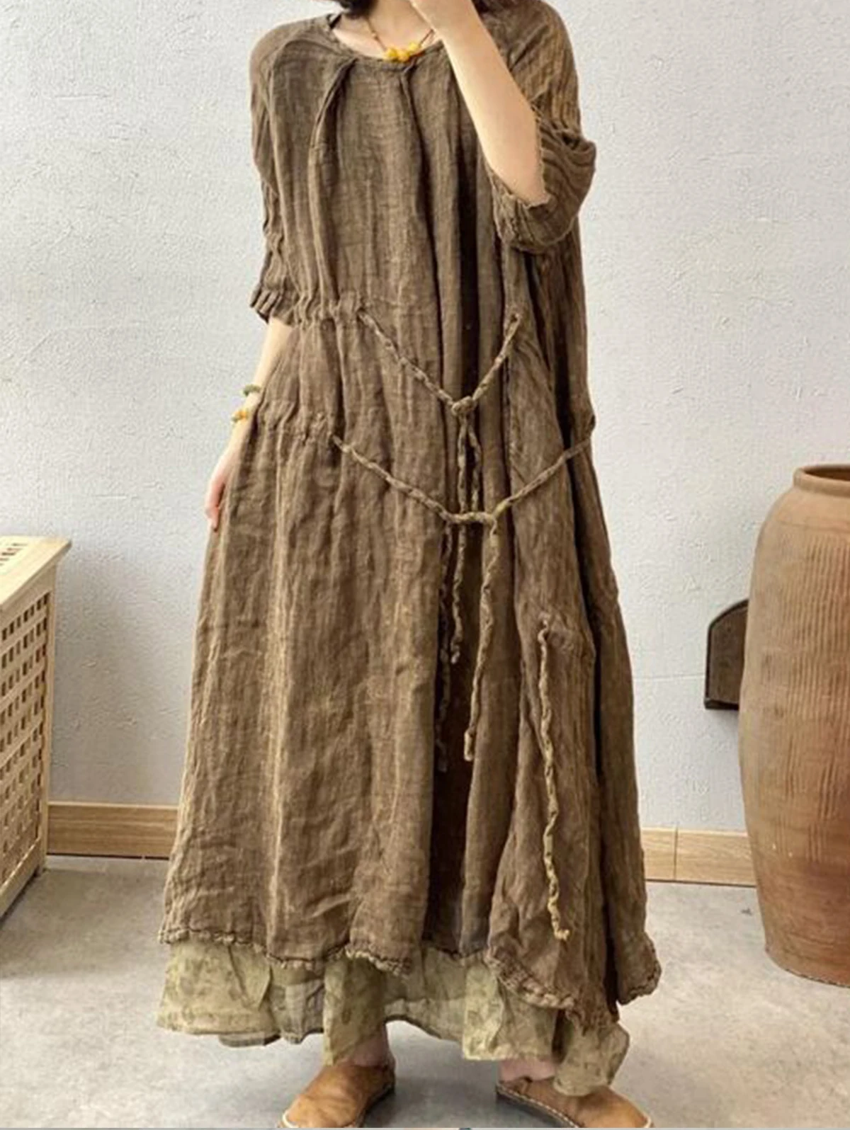 Women's Vintage Washed Linen Maxi Dress Loose 3/4 Sleeve Drawstring Waist Raw Hem Casual Bohemian Long Dress Woman Clothing
Women's Vintage Washed Linen Maxi Dress Loose 3/4 Sleeve Drawstring Waist Raw Hem Casual Bohemian Long Dress Woman Clothing