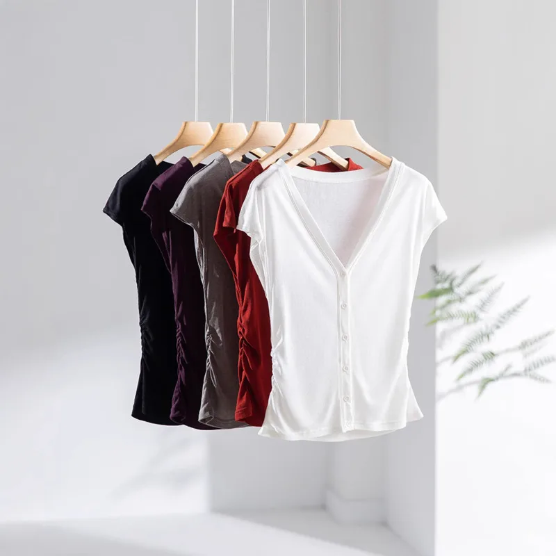 Women V-neck Pleated Waist T-shirt Summer 40% Lyocell,7%Silk Flying Sleeve Slim Breathable Tops
Women V-neck Pleated Waist T-shirt Summer 40% Lyocell,7%Silk Flying Sleeve Slim Breathable Tops