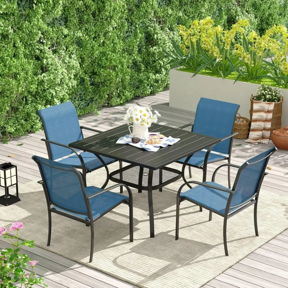 5-piece Outdoor Dining Set with 4 Stackable Textile Chairs, Courtyard Restaurant Set with Umbrella
5-piece Outdoor Dining Set with 4 Stackable Textile Chairs, Courtyard Restaurant Set with Umbrella