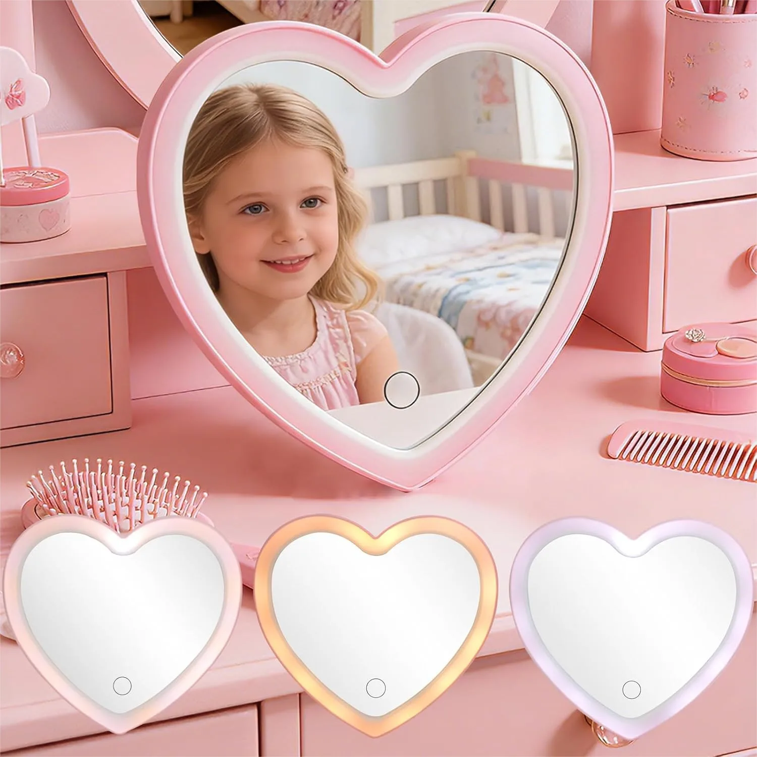 Pink Heart Makeup Mirror with Lights for Kids, 3 Color LED Vanity Mirror for Travel and Play
Pink Heart Makeup Mirror with Lights for Kids, 3 Color LED Vanity Mirror for Travel and Play
