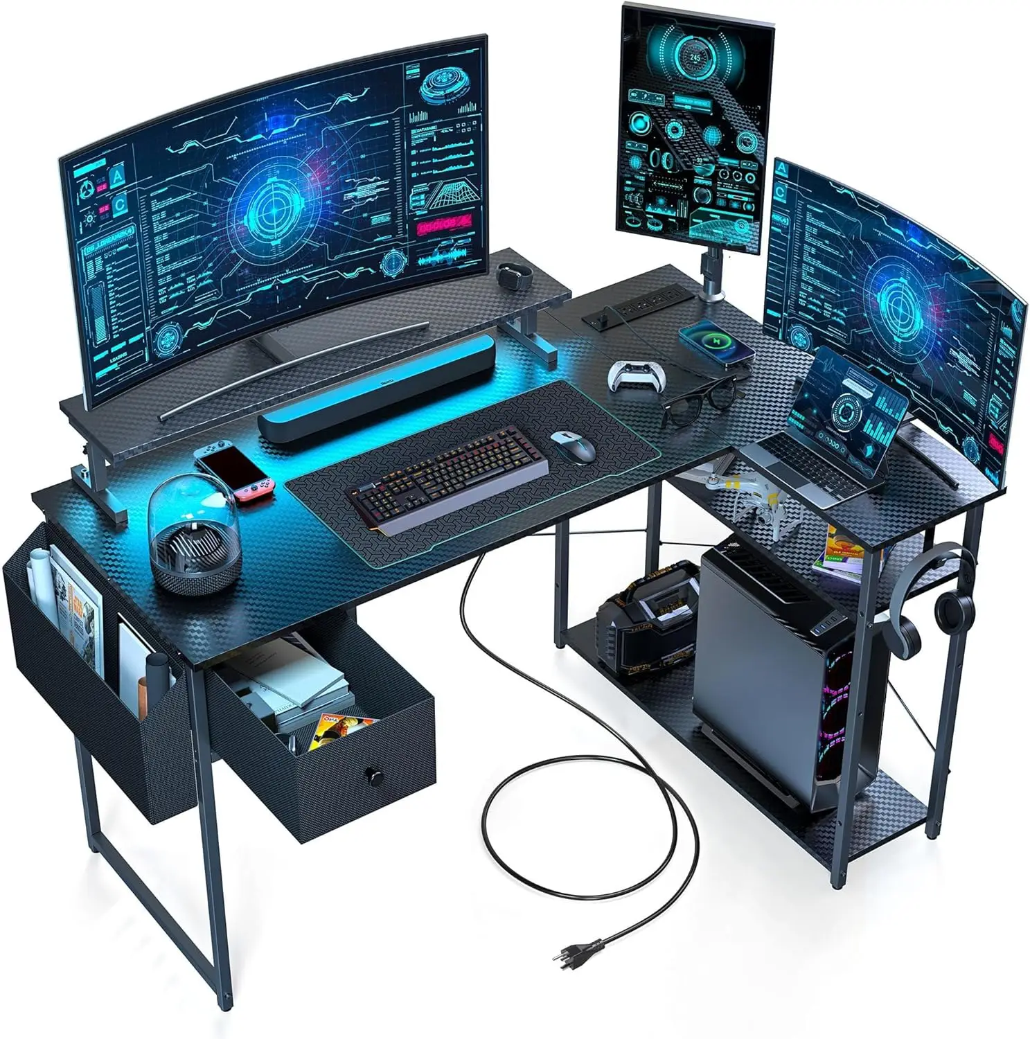 LED Lights & Adjustable Stand, Power Outlets, Storage Drawer, Reversible Gaming Desk with Shelves, Hook, Black Carbon Fiber
LED Lights & Adjustable Stand, Power Outlets, Storage Drawer, Reversible Gaming Desk with Shelves, Hook, Black Carbon Fiber