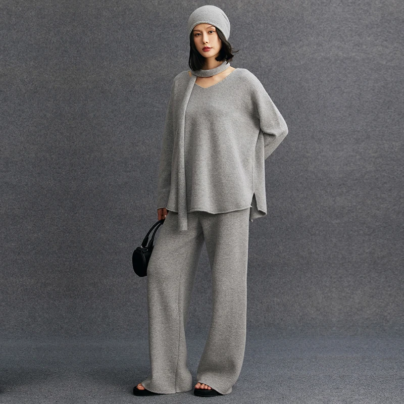 Women's matching set 100% cashmere V-neck loose sweater casual solid color knitted straight leg floor length pants two-piece set
Women's matching set 100% cashmere V-neck loose sweater casual solid color knitted straight leg floor length pants two-piece set