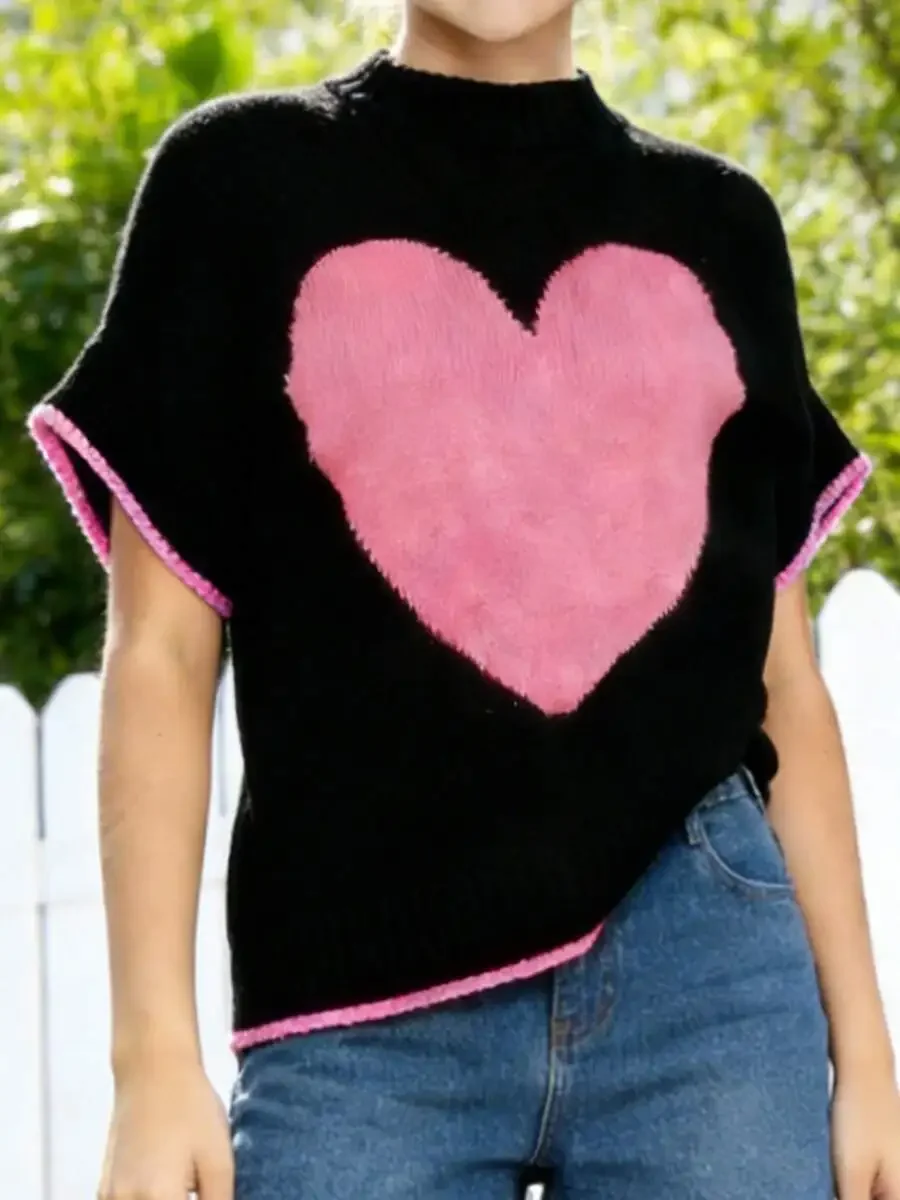 Women Knit Pullover Top With Pink Heart Pattern Short Sleeve Casual Streetwear
Women Knit Pullover Top With Pink Heart Pattern Short Sleeve Casual Streetwear