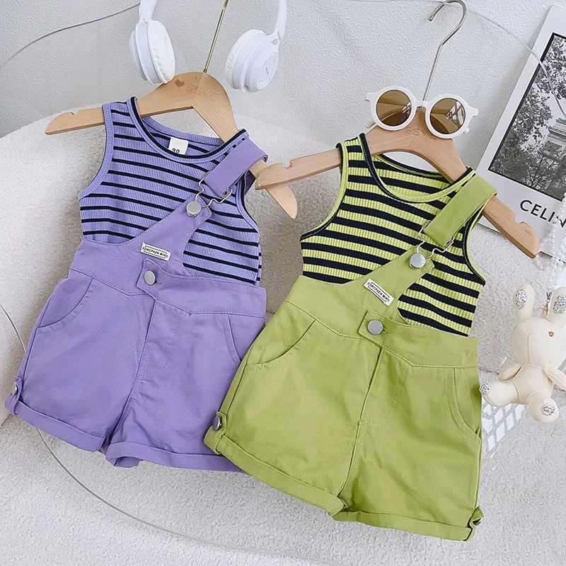 Summer New Korean Style Girls Clothing Set Striped Sleeveless Vest Tops+Suspend Pants 2Pcs Suit For 3-8Y Kids Fashion Outfit
Summer New Korean Style Girls Clothing Set Striped Sleeveless Vest Tops+Suspend Pants 2Pcs Suit For 3-8Y Kids Fashion Outfit