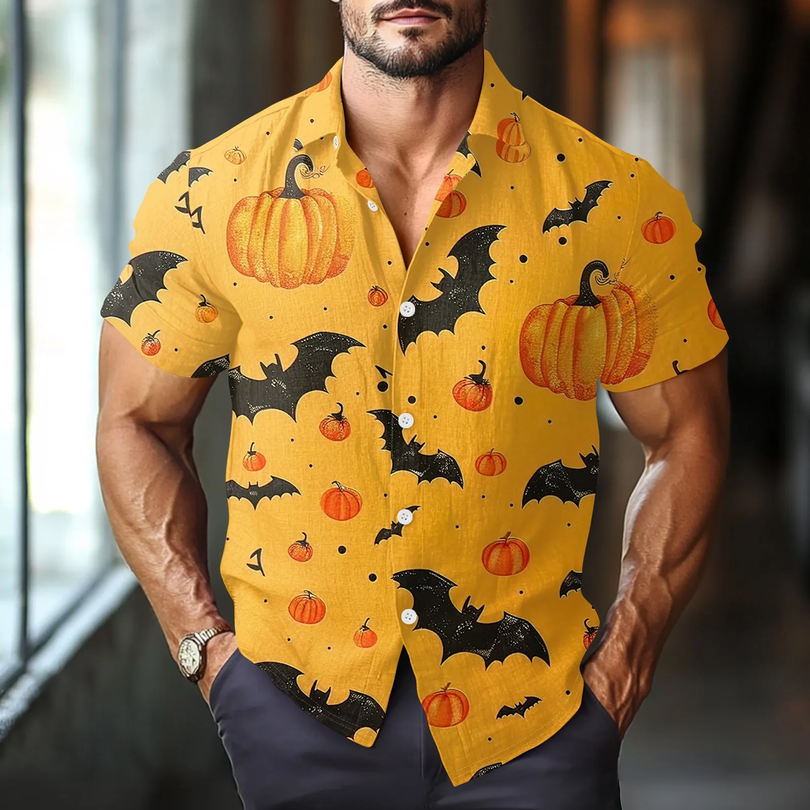 Men'S Halloween Printed Short-Sleeved Shirt With Various Colors Ghosts Bats Shiny Pumpkin Heads Fashionable And Casual Loose Top
Men'S Halloween Printed Short-Sleeved Shirt With Various Colors Ghosts Bats Shiny Pumpkin Heads Fashionable And Casual Loose Top