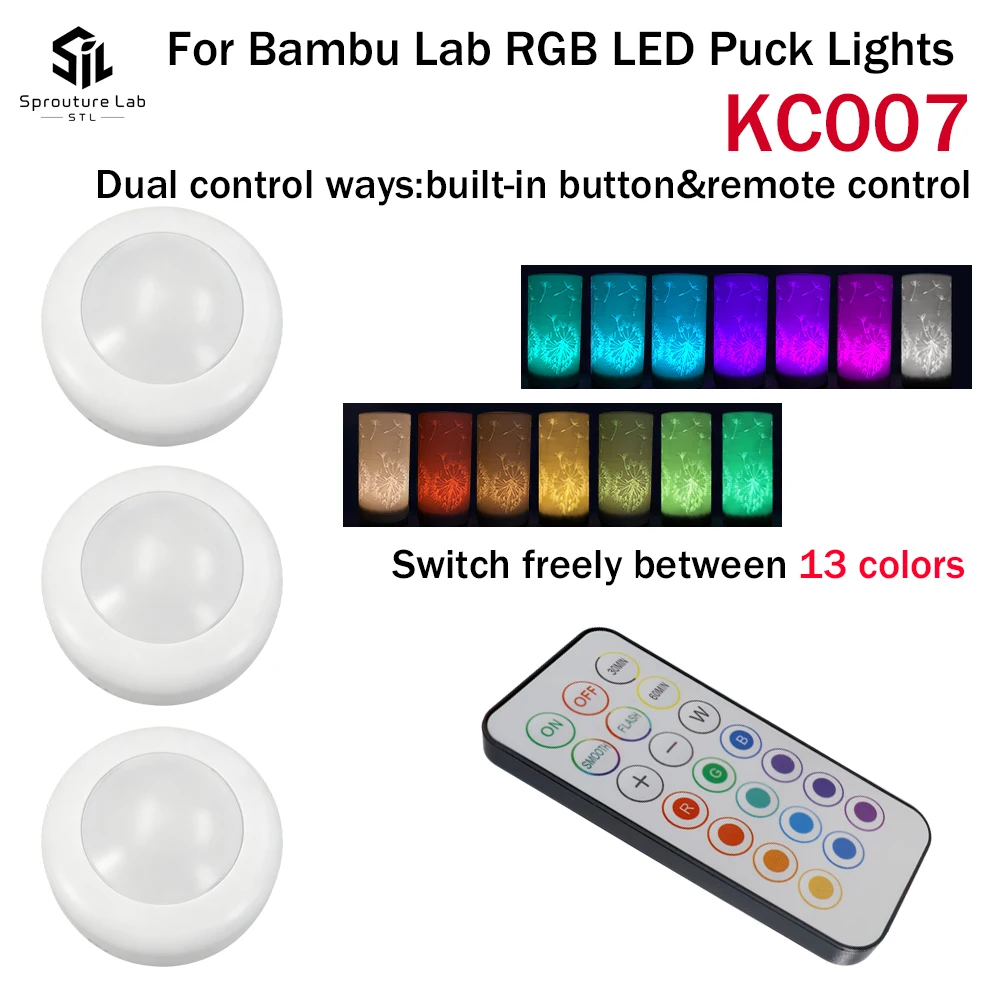 KC007 Puck Lights For Bambu lab RGBW 13 Color Remote Control Dual control system Light For MakerWorld Model 3D Lamp kit
KC007 Puck Lights For Bambu lab RGBW 13 Color Remote Control Dual control system Light For MakerWorld Model 3D Lamp kit