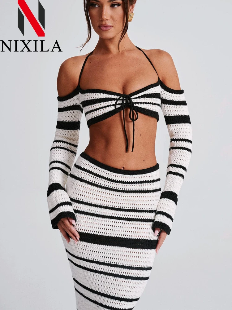 Summer Long Sleeve Tops Long Skirt Suit Women Knit Beach Party 2 Piece Dress Set Elegant Matching Two Piece Sets Womens Outifits
Summer Long Sleeve Tops Long Skirt Suit Women Knit Beach Party 2 Piece Dress Set Elegant Matching Two Piece Sets Womens Outifits