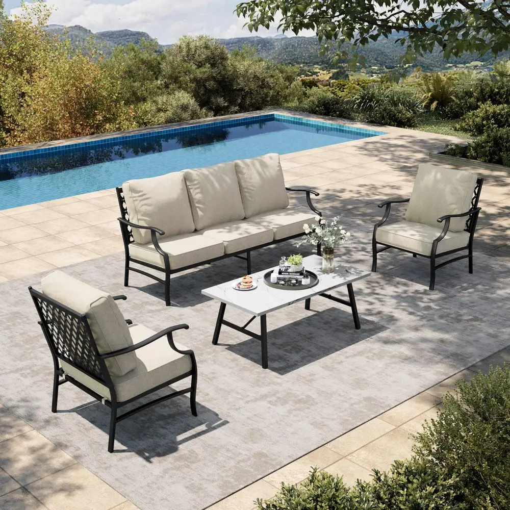HOUSE 4 Piece Patio Furniture Set, 2 x Metal Frame Cushioned Chair, 3Seat Sofa with Marbling Coffee Table, All Weahter Outdoor
HOUSE 4 Piece Patio Furniture Set, 2 x Metal Frame Cushioned Chair, 3Seat Sofa with Marbling Coffee Table, All Weahter Outdoor