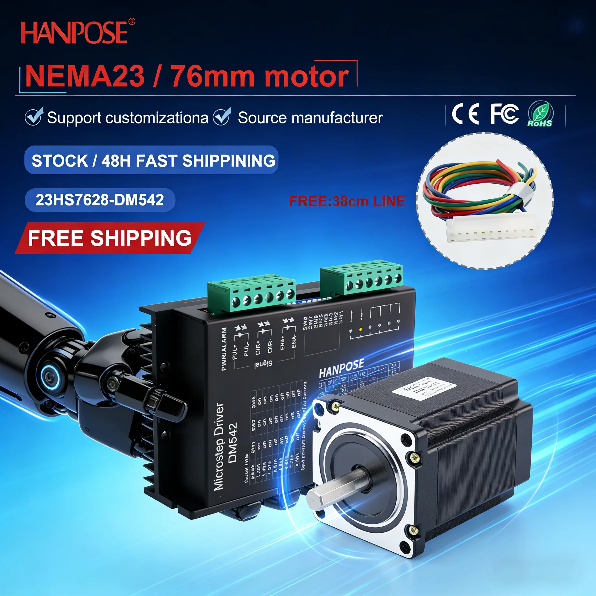 Stepper Motor NEMA23 23HS7628+DM542 drive 1.89N. m 2.8A Automation Equipment Manufacturer Direct Sales
Stepper Motor NEMA23 23HS7628+DM542 drive 1.89N. m 2.8A Automation Equipment Manufacturer Direct Sales
