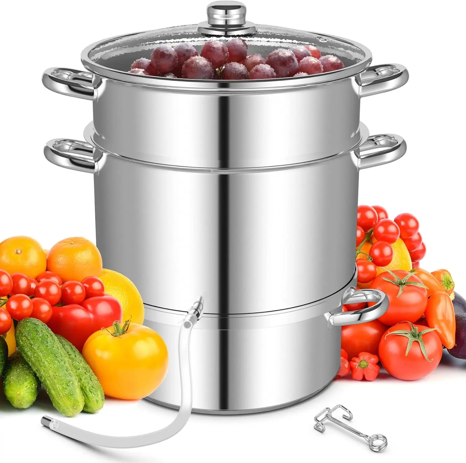 11 Quart Juice Steamer Fruit Vegetables Juicer Steamers w/Tempered Glass Lid, Hose, Clamp, Loop Handles Stainless Steel
11 Quart Juice Steamer Fruit Vegetables Juicer Steamers w/Tempered Glass Lid, Hose, Clamp, Loop Handles Stainless Steel