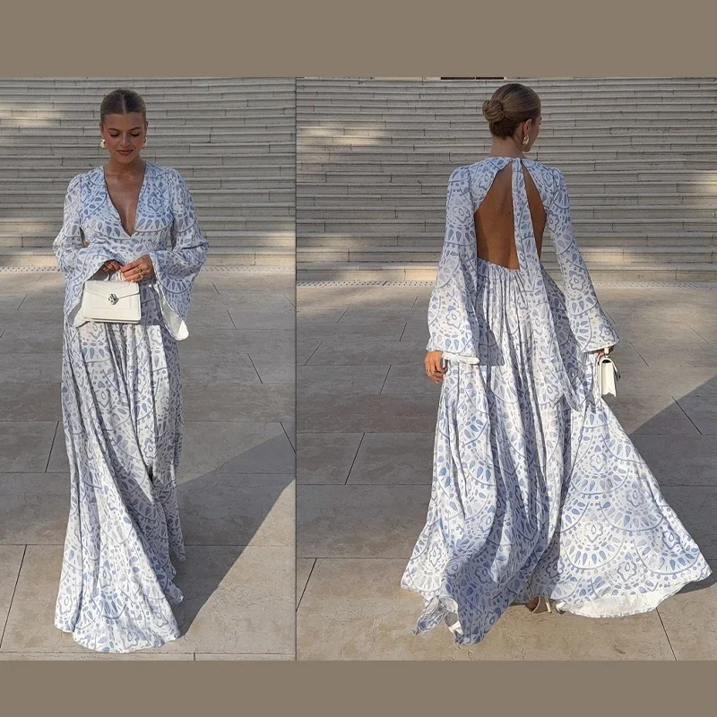Elegant Printed Loose Lace Up Maxi Dress For Women V-neck Long Flare Sleeve Backless A-line Robe 2025 New Summer Sexy Clothing
Elegant Printed Loose Lace Up Maxi Dress For Women V-neck Long Flare Sleeve Backless A-line Robe 2025 New Summer Sexy Clothing