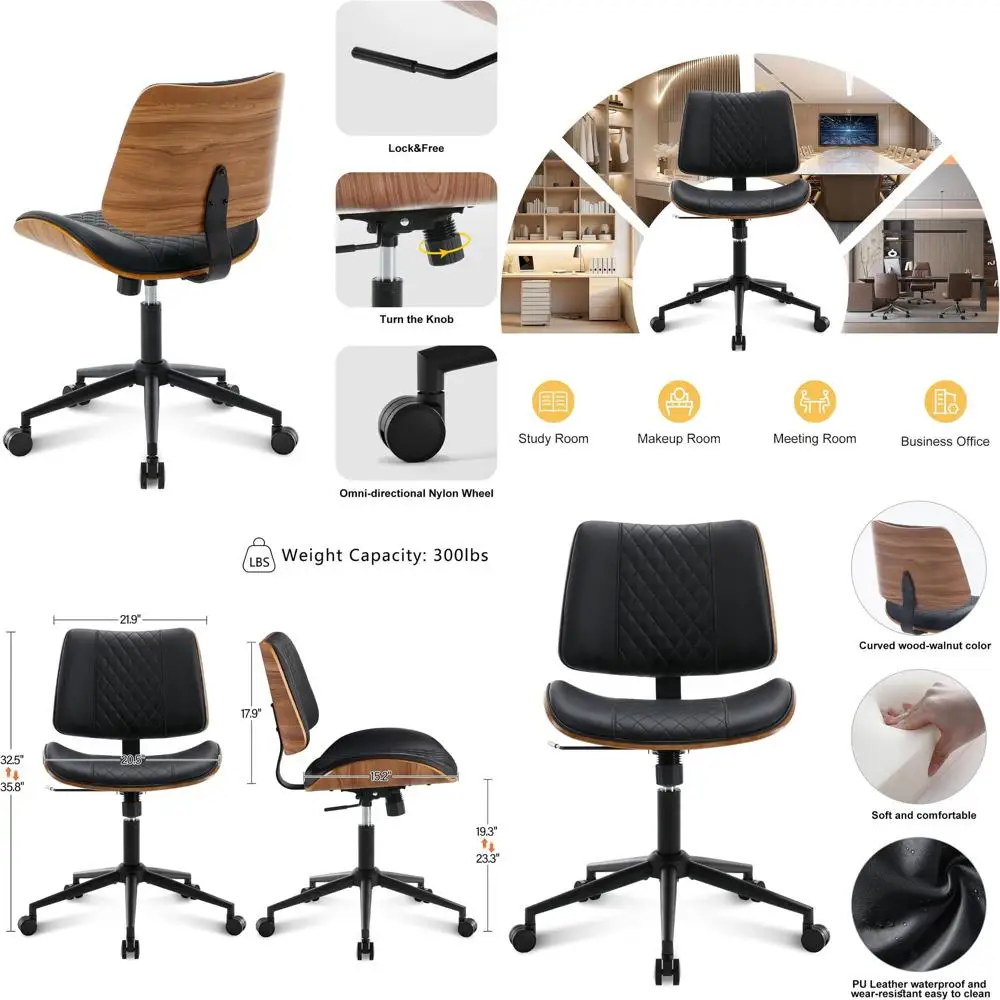 Вращающееся офисное кресло в стиле Mid-Century Modern, компактное, из черной искусственной кожи, с изогнутой деревянной спинкой, без подлокотников, на колесиках, для небольших помещений
Вращающееся офисное кресло в стиле Mid-Century Modern, компактное, из черной искусственной кожи, с изогнутой деревянной спинкой, без подлокотников, на колесиках, для небольших помещений