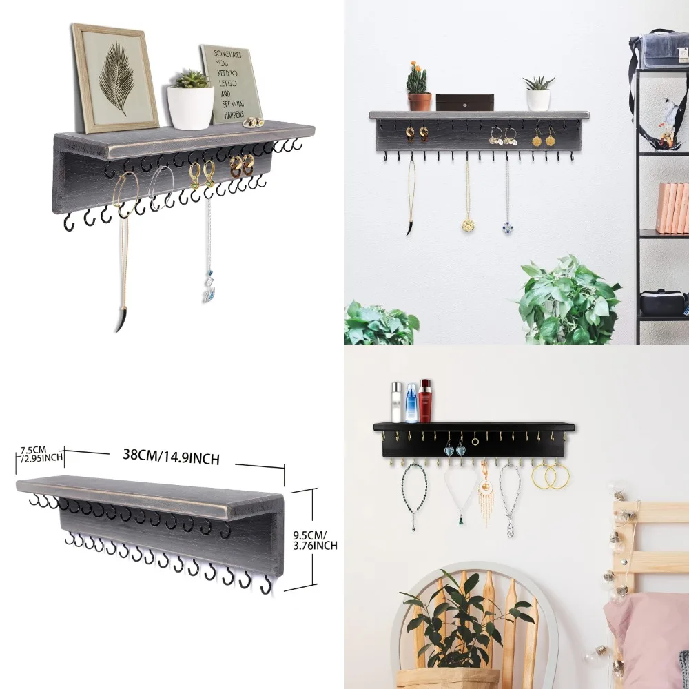Rustic Charm Floating Shelves - 30 Hook Jewelry Organizer - Wall-mounted Wooden for Earrings, Necklaces - A Perfect Rustic Dec
Rustic Charm Floating Shelves - 30 Hook Jewelry Organizer - Wall-mounted Wooden for Earrings, Necklaces - A Perfect Rustic Dec