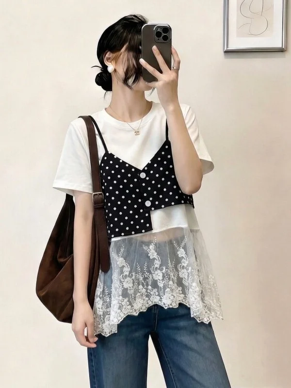 Summer New Polka Dot Splice Short Sleeve T Shirt Women's Lace Shoulder Bum Curtain Medium Length Top Korean Style Commute
Summer New Polka Dot Splice Short Sleeve T Shirt Women's Lace Shoulder Bum Curtain Medium Length Top Korean Style Commute